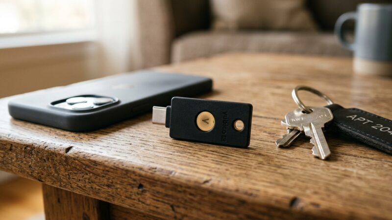 USB-C Hardware-Sicherheitsschlüssel für Zwei-Faktor-Authentifizierung und Passkeys neben Smartphone