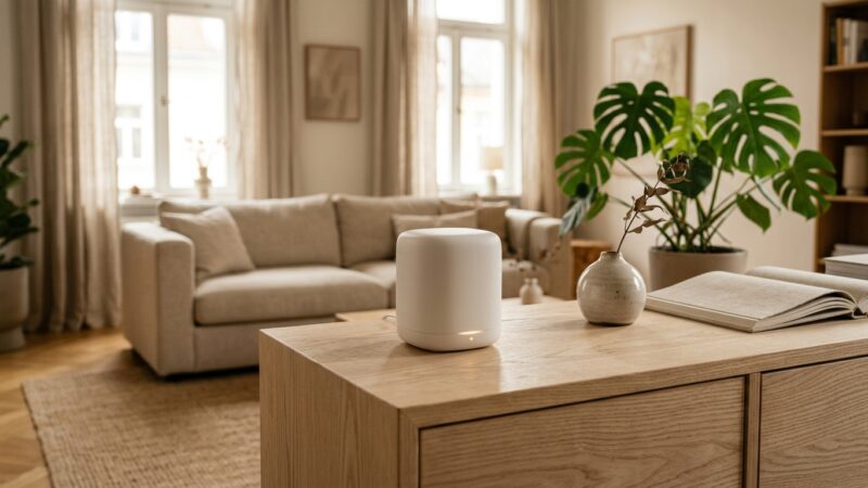Diskrete Smart-Home-Zentrale auf Holzsideboard mit Zimmerpflanze für lokale Hausautomation